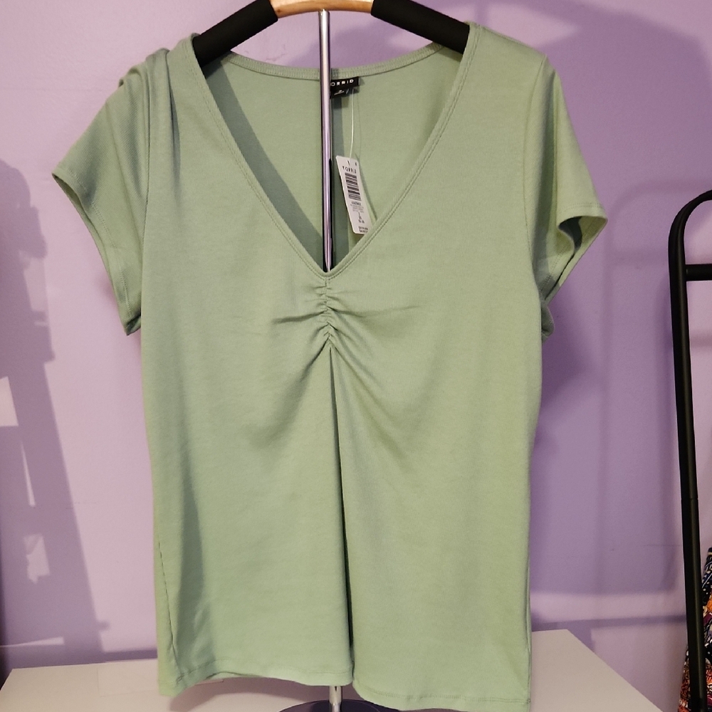 Torrid Green Ribbed Short Sleeve V Neck T-Shirt